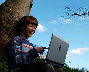 Image showing Oh, no...(child with notebook sit blue sky)