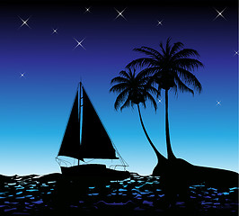 Image showing Summer background with palm trees and a yacht