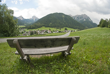 Image showing Bench on the Dolomites Mountains, Italy