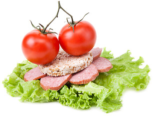 Image showing Sandwich with sausage, tomatoes and salad