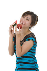 Image showing woman with water melon and apple