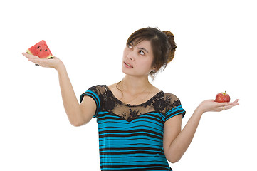 Image showing woman with water melon and apple