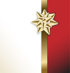 Image showing golden bow on a ribbon with white and red background