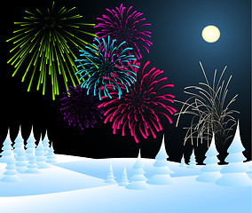 Image showing Winter christmas landscape with fireworks