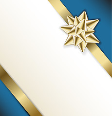 Image showing golden bow on a ribbon with white and blue background