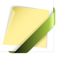 Image showing Empty green corner ribbon holding yellow paper