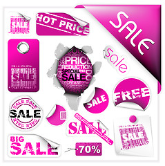 Image showing Set of pink sale tickets and labels