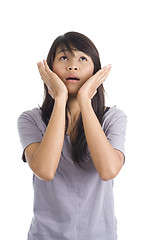 Image showing scared young woman looking up