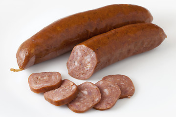 Image showing buffalo (bison) bratwurst slices