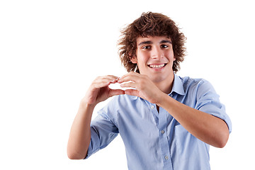 Image showing cute boy, smiling and putting hands like if was eating an hamburger