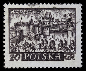 Image showing medieval town of Warsaw with hussar cavalry