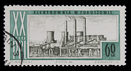 Image showing coal power plant on vintage post stamp from Poland