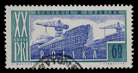 Image showing shipyard on vintage post stamp from Poland