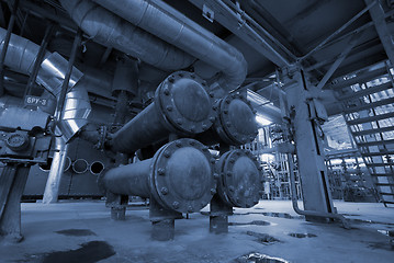 Image showing Industrial zone, Steel pipelines in blue tones  