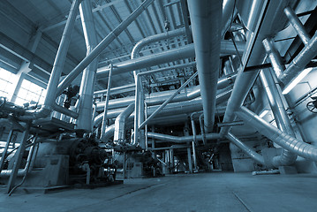 Image showing Industrial zone, Steel pipelines in blue tones 