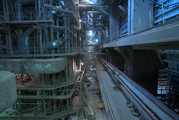 Image showing Industrial zone, Steel pipelines in blue tones