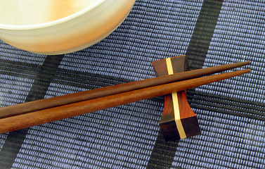 Image showing Chopsticks and bowl