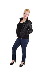 Image showing Blond girl in leather jacket.