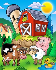 Image showing Farm animals near barn