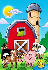 Image showing Big red barn with farm animals