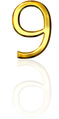 Image showing 3d golden number 9 with reflection