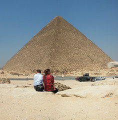 Image showing Tourists at the Pyramid of Khufu at Giza in Egypt