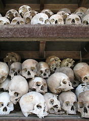 Image showing Human skulls fill memorial stupa at Choeung Ek, Cambodia