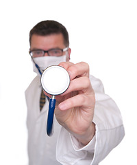 Image showing Doctor points stethoscope at camera