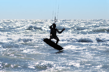 Image showing Silhouette of kite surfer