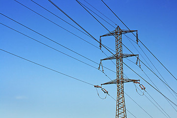 Image showing Electricity. Pillar against the blue sky