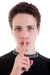 Image showing cute young man, asking for silence