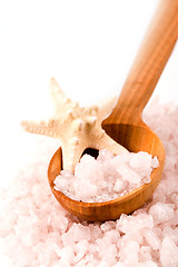 Image showing sea salt on wooden spoon and starfish