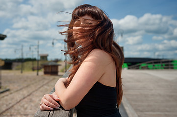 Image showing Beauty girl on the old-time bridge.