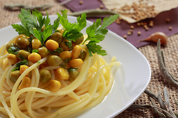 Image showing Spaghetti with vegetables and parsley