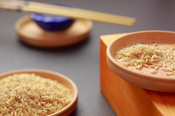 Image showing Brown rice on clay plates