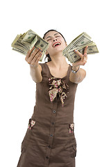 Image showing pretty woman happy with lots of money