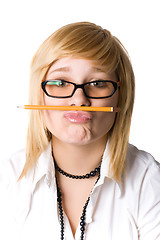Image showing young businesswoman with pencil 