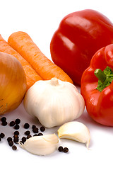 Image showing paprika, onion, carrots and garlic closeup