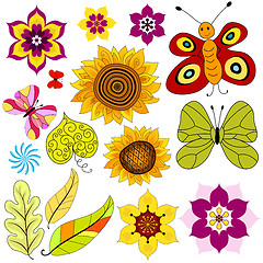 Image showing Set decorative  isolated flowers and  butterflies