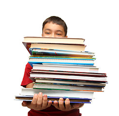 Image showing asian boy with stack of books