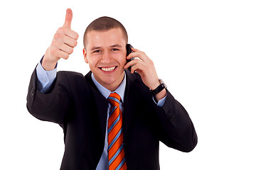 Image showing man showing thumb up on phone