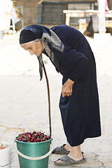 Image showing Senior woman and bucket of cherry