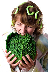 Image showing woman with fresh savoy cabbage