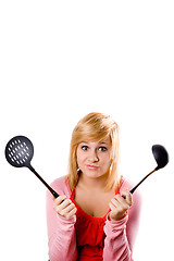 Image showing young housewife with kitchen utensil