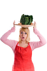 Image showing woman with fresh savoy cabbage and onions