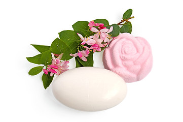 Image showing Bath salt, soap and flowering twig