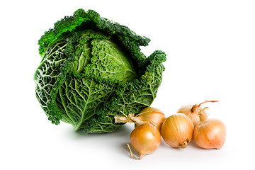 Image showing fresh savoy cabbage an isd five onions