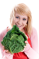 Image showing beautiful woman with fresh savoy cabbage