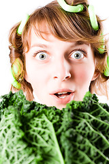 Image showing woman and fresh savoy cabbage