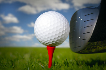 Image showing Golf club and ball in grass 